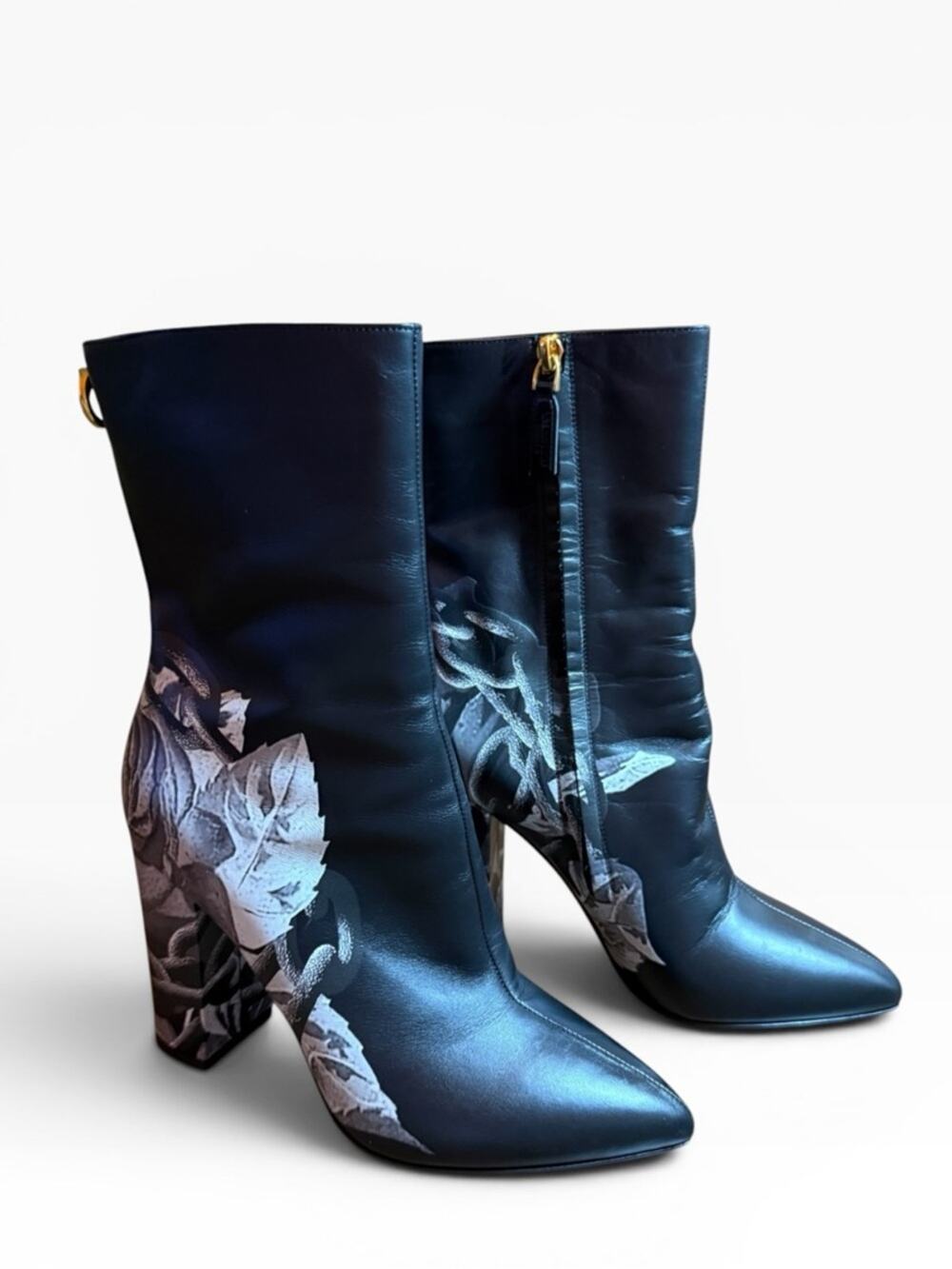 Valentino Garavani Floral Inlay Black Leather Heeled Ankle Boots EU 36.5 US 6.5